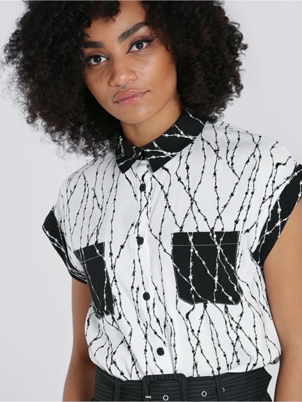 Hell Bunny Black and White Barbed Wire Print Shirt